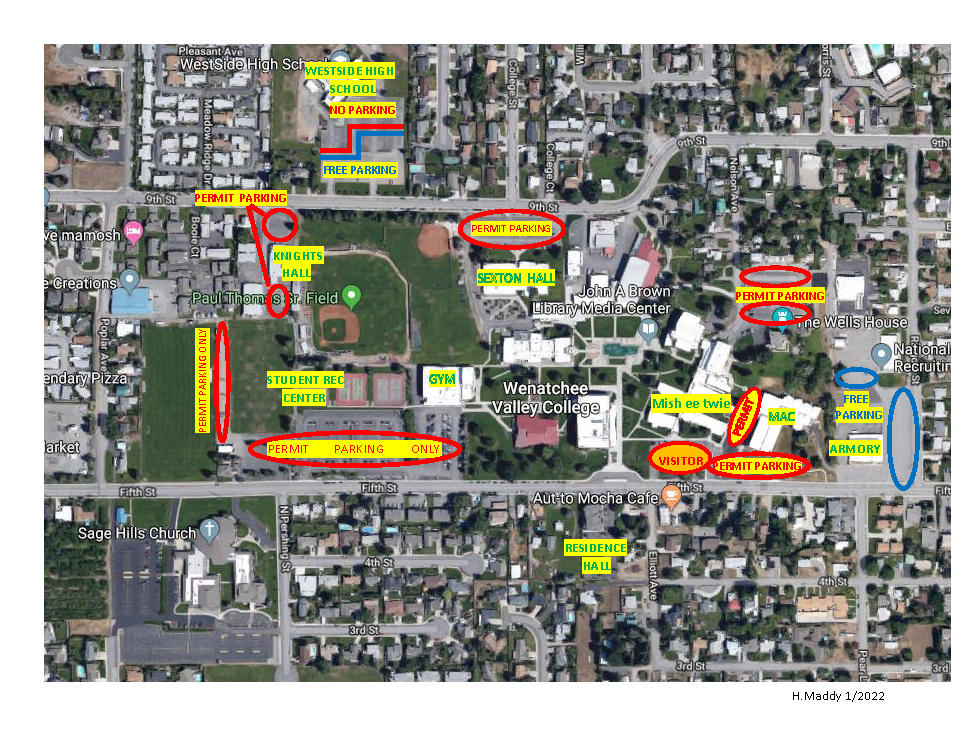 Map depicting parking lots on the Wenatchee campus