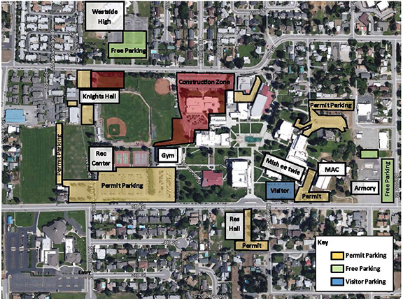 Aerial view of the Wenatchee campus showing construction zone near Ninth Street and permit parking zones near Smith Gym, Mish ee twie, Brown Library, the residence hall, and the Music and Art Center