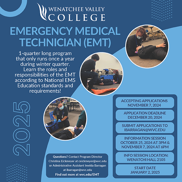 EMT flyer indicating application opening and ending dates, and information session dates