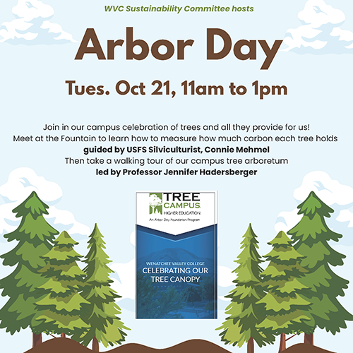 Graphics of a blue sky and evergreen trees with text about measuring tree carbon and taking a campus walking tour on Tuesday, Oct. 21, from 11 a.m. to 1 p.m.